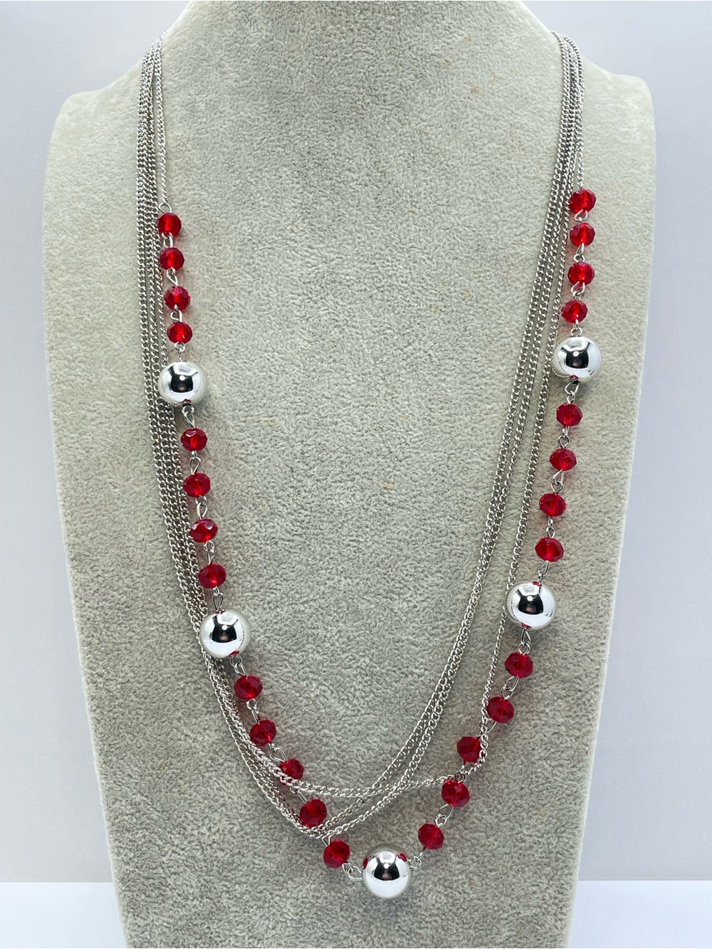 Silver Tone Red Crystal Layered Necklace Statement Long Chain